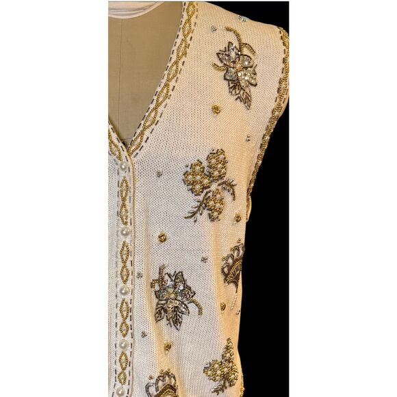 Claudia D Holiday Sweater Vest Women's XL Cream Pearl Gold Silver Beads Christma - Picture 8 of 10